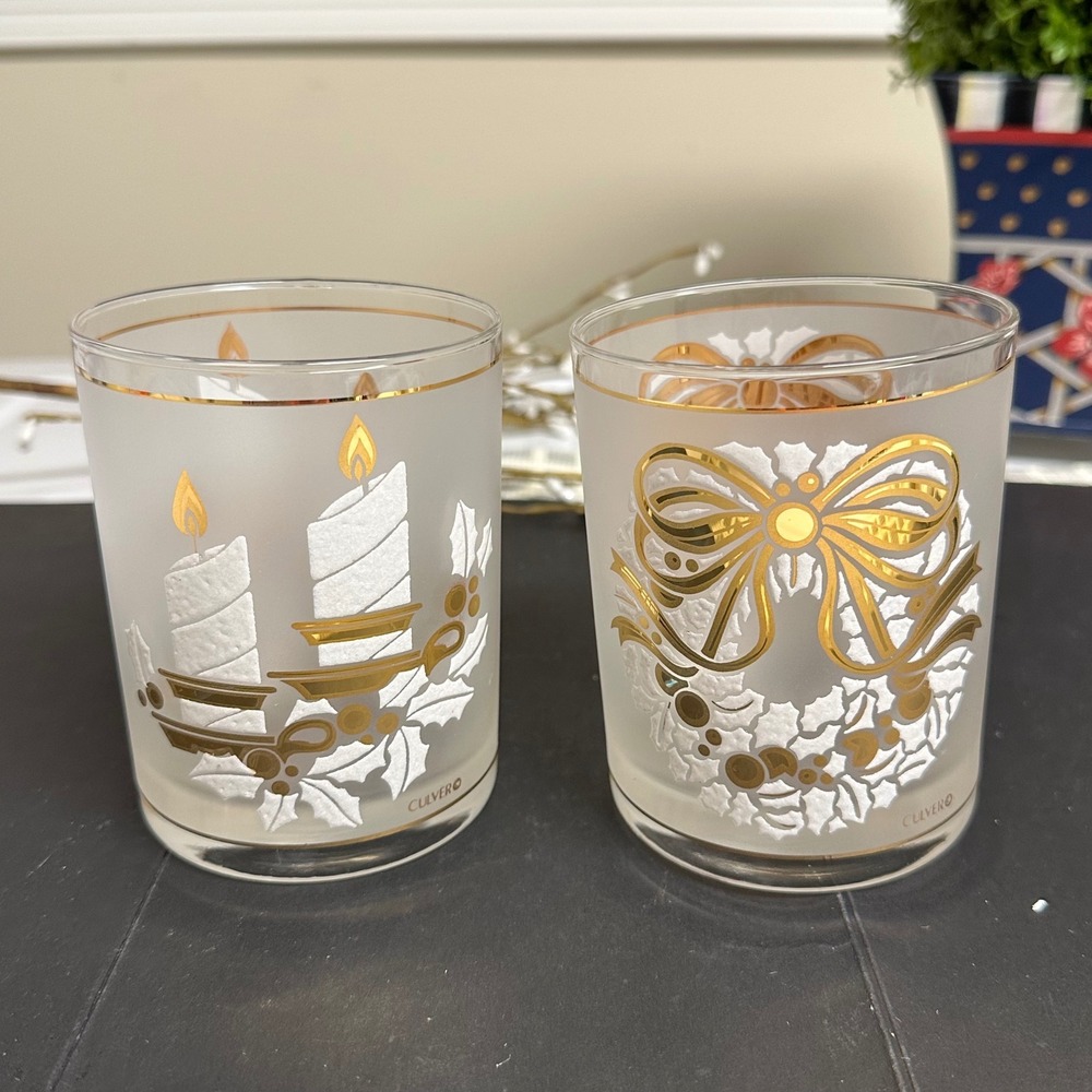 Culver Christmas Frosted Whiskey Glasses, 22-karat Gold Trim - 2‎ Pc MCM Vntage
